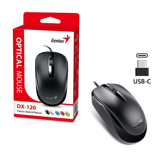 Genius DX-120 Wired USB-C Mouse, 1200 DPI Optical Tracking, 1.5m Cable, Black