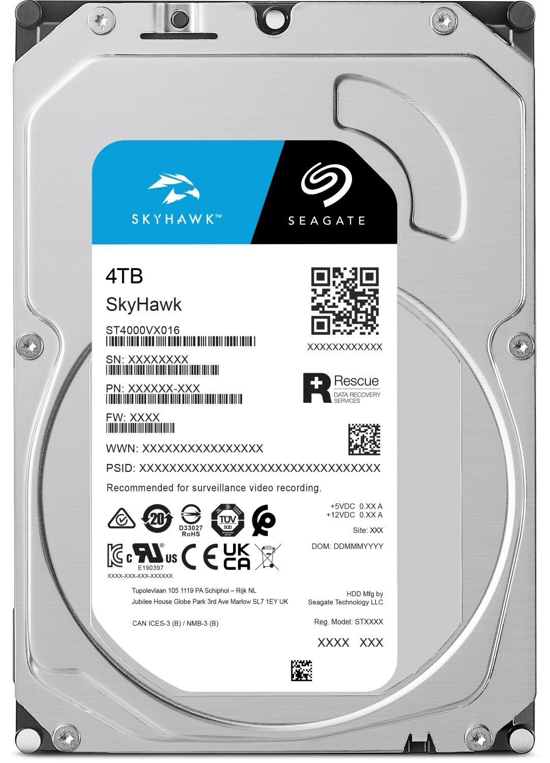 4TB Seagate SkyHawk ST4000VX016 NVR Hard Drive, 3.5" HDD, SATA III 6Gb/s, 180MB/