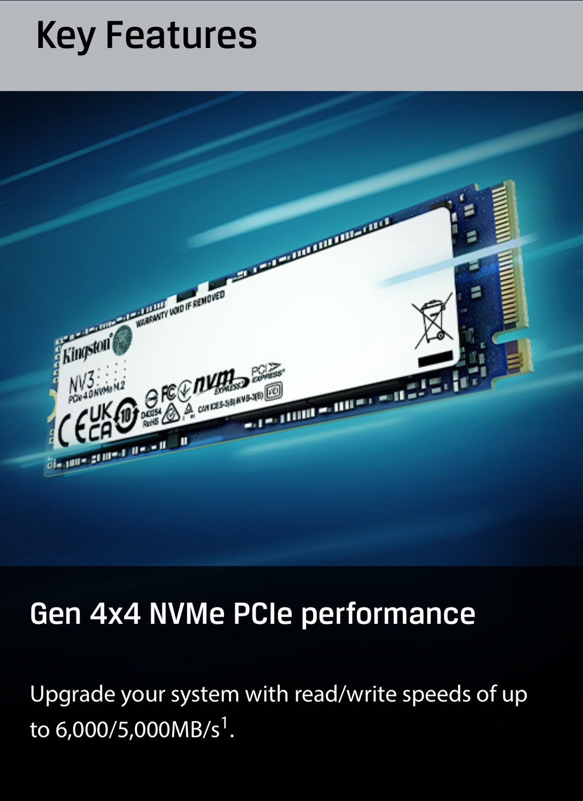 Kingston 500GB NV3 SSD M.2 (2280), NVMe, PCIe 4.0 (x4), 5000MB/s R, 3000MB/s W